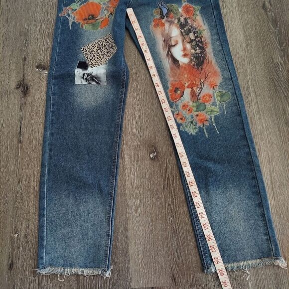 MissLook Women's Jeans Painted Floral Bird Fairy Raw Hem Small Blue - Picture 7 of 7